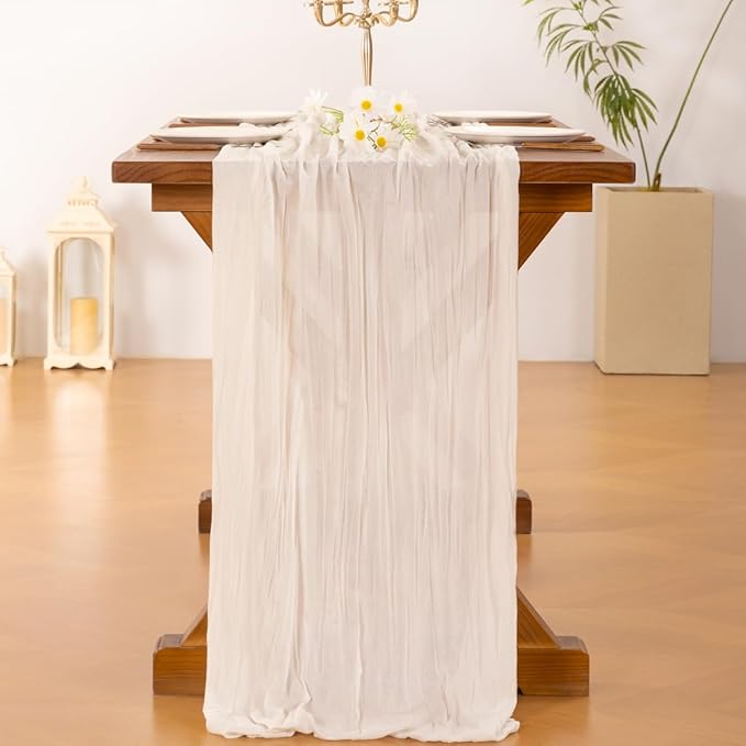 Socomi 10pcs Ivory White Cheesecloth Table Runner Boho Rustic Gauze 120 inch 10FT Cheese Cloth Sheer Runner for Wedding Party Baby Shower Birthday Home Decor Holiday Decorations