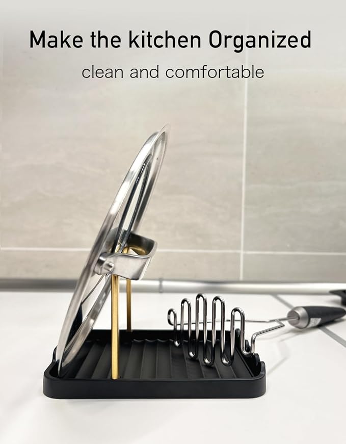Anti-Rust Metal Spoon Rest with Lid Holder, Heat-Resistant Pot Lid Rest, Multifunctional Spatula Holder While Cooking for Stovetop and Kitchen Counter – Black Gold