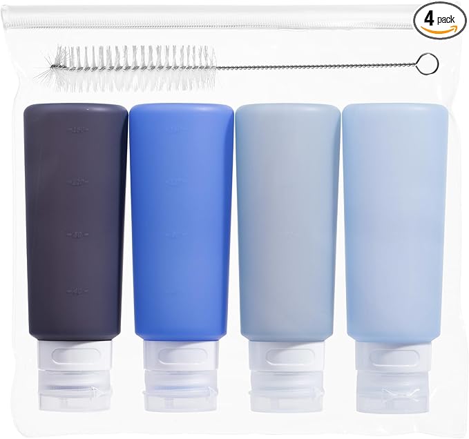 MICEBAY Condiment Squeeze Bottles for Sauces, 6-oz Small Silicone Salad Dressing Container to Go with Snack Storage Bag, Leakproof Sauce Bottles for Lunch Box, 4 Pack, Blue