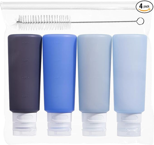 MICEBAY Condiment Squeeze Bottles for Sauces, 6-oz Small Silicone Salad Dressing Container to Go with Snack Storage Bag, Leakproof Sauce Bottles for Lunch Box, 4 Pack, Blue