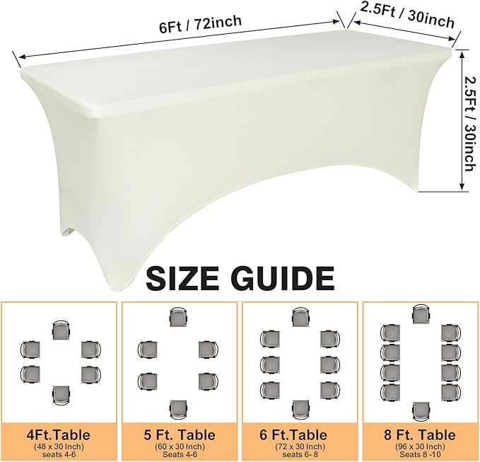 2 Pack 6 Feet Ivory Spandex Tablecloth for Rectangular Tables, Fitted & Stretch, Washable, Wrinkle Resistant, Perfect for Event, Wedding, Party, Banquet, Cocktail, Festival, and Table Protector