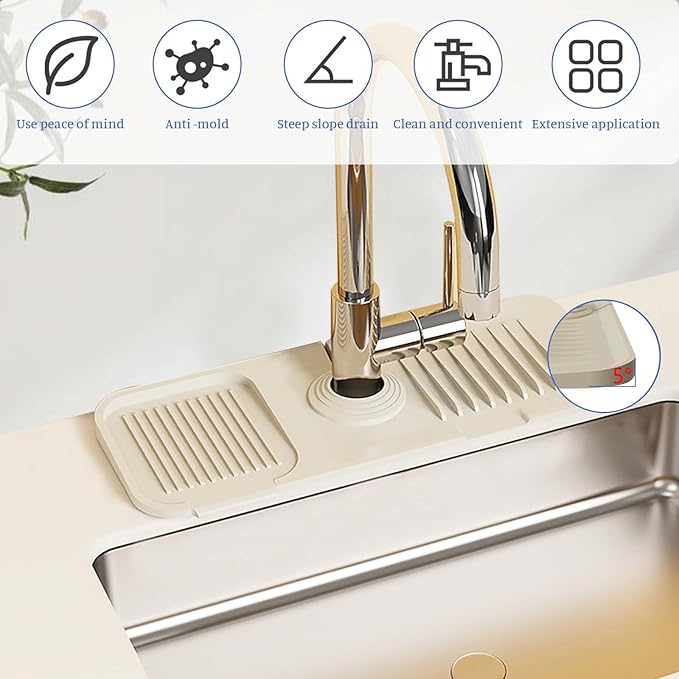Faucet Mat for Kitchen Sink, Silicone Splash Guard Behind Faucet Soap Sponge Holder Dish Drying Mat, for Kitchen and Bathroom (White)