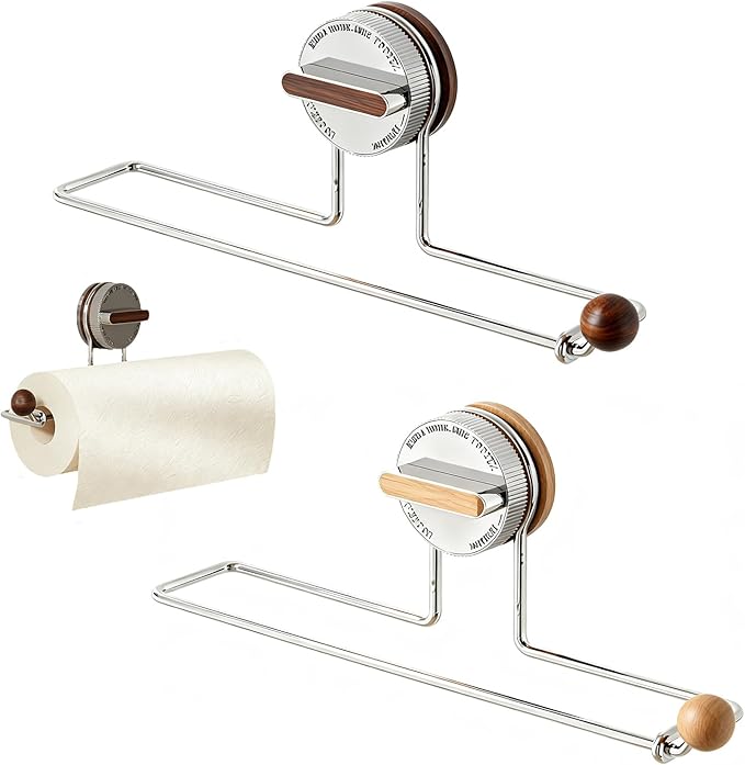 Removable Suction Cup Paper Towel Holder, Suction Towel Holder, Wooden Paper and Stainless Steel Paper Towel Holder for Under Cabinet, Bathroom (2-Pack: 1 Natural Wood Color, 1 Walnut Color)