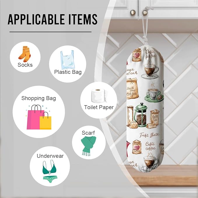 Coffee Pot Plastic Bag Holder, Reusable Shopping Bags Storage Dispenser, Garbage Trash Bag Dispenser for Home Kitchen Pantry Cabinet, Wall Mount, Kitchen Housewarming Gifts for Coffee Lover