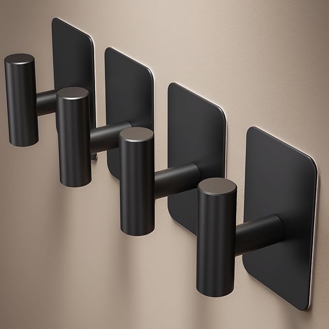 Heavy Duty Adhesive Hooks - 26lb Max, Sticky Wall Hooks Waterproof Stainless Steel for Hanging Towel, Coat, Robe, Towel Hooks Stick on Bathroom, Kitchen, Shower, Door (Black, 4 Pack)