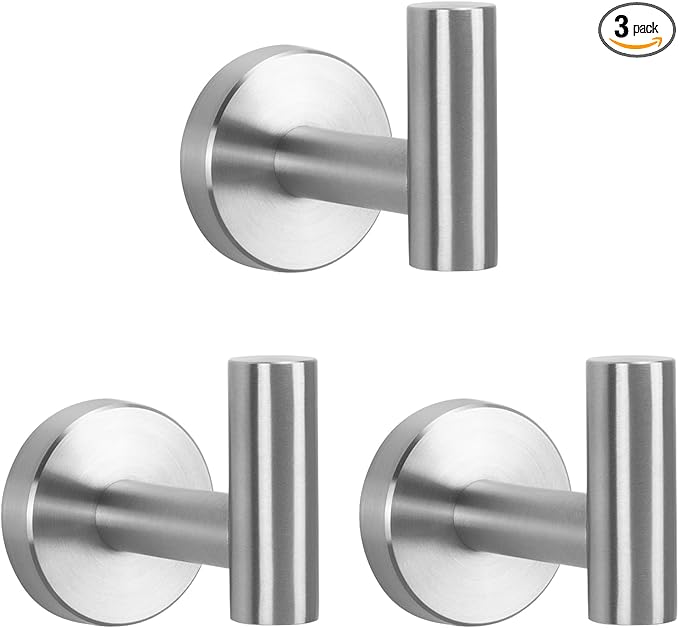 NearMoon Bath Towel Hooks- SUS 304 Stainless Steel Robe Hook Holder, Heavy Duty Coat Hook for Bathroom Livingroom Hotel Kitchen Garage, Wall Mounted (Brushed Nickel, 3 Pack)