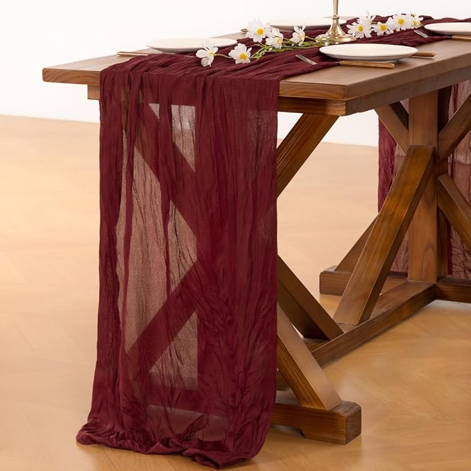 Socomi 3pcs Burgundy Red Summer Cheesecloth Table Runner Boho Rustic Gauze 120 inch 10FT Cheese Cloth Sheer Runner for Wedding Party Baby Shower Birthday Home Decor Holiday Decorations