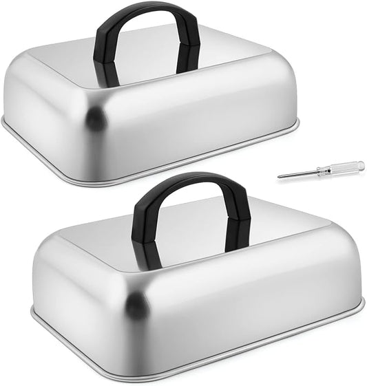 HaSteeL Cheese Melting Dome Set of 2, Stainless Steel Rectangular 9x7 Inch Basting Steaming Cover, Heavy Duty Metal Grill Dome for Flat Top Teppanyaki Barbecue Cooking Indoor/Outdoor, Dishwasher Safe