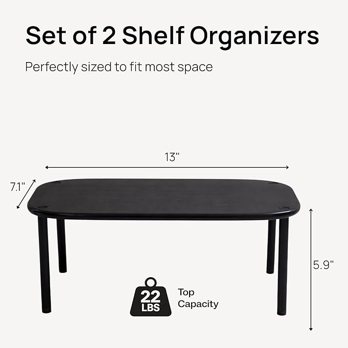 Ibyx Premium Kitchen Cabinet Organizer Shelf - Set of 2 Kitchen Counter Shelves - Stackable Shelf Racks for Cabinets - Bamboo Top with Metal Legs (Black)