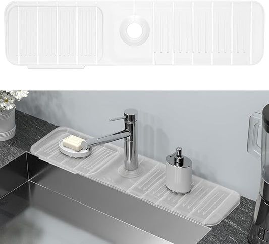 Kitchen Sink Splash Guard Behind Faucet 24 x 5.5 Inch, Toovem Faucet Handle Drip Catcher Tray, Longer Silicone Sink Faucet Mat, Dish Soap Sponge Holder for Bathroom, Farmhouse, Bar Rv