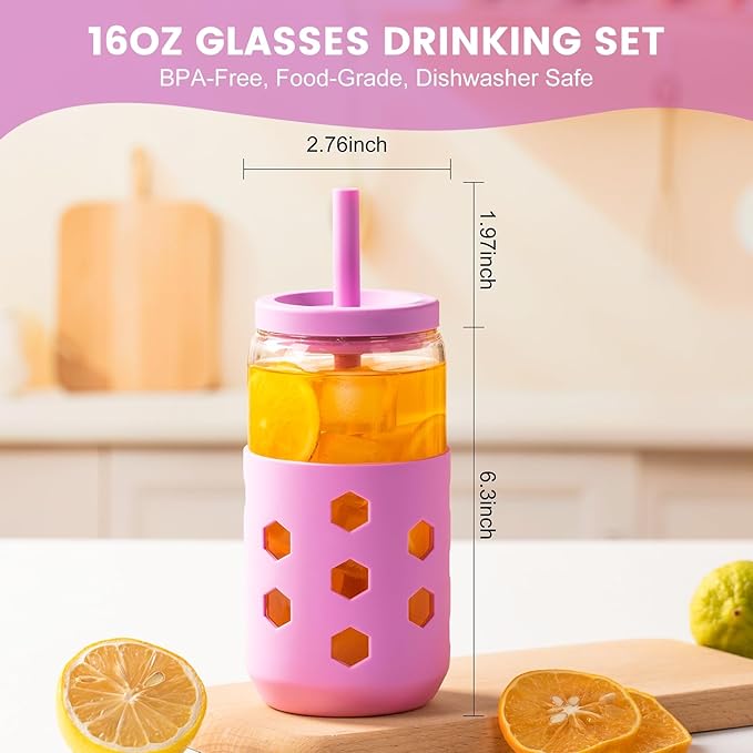 Mrsdry Glass Cups with Lids and Straws (4 Pack), 16oz Drinking Glasses Set with Silicone Sleeves for Coffee Bar Accessories Iced Coffee Cups with Lids, Glass Tumbler Reusable for Gifts