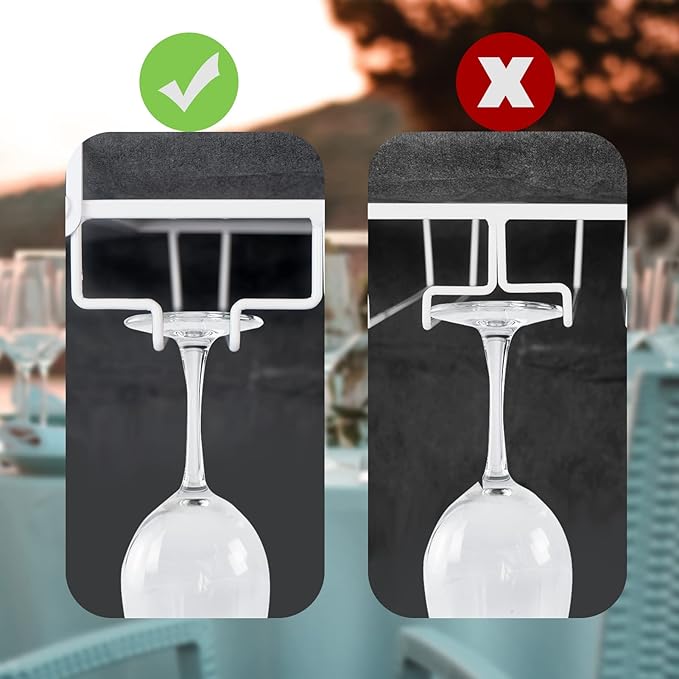 Adjustable Under Cabinet Stemware Holder - Metal Wine Glass Hanger Organizer for Kitchen, Bar, Shelf - Rustproof Hanging Storage Rack for 6-8 Glasses - Space Saving Decor (White, 3 Rows)