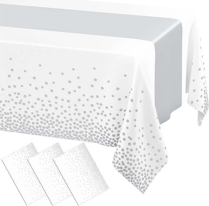 Smiry Plastic Table Cloth Disposable 3 Pack, 54 x 108 Inch Rectangle Waterproof Tablecloth, Printed Gold Table Runner Style for Birthday Weeding, Party, Leakproof & Sturdy, White and Sliver
