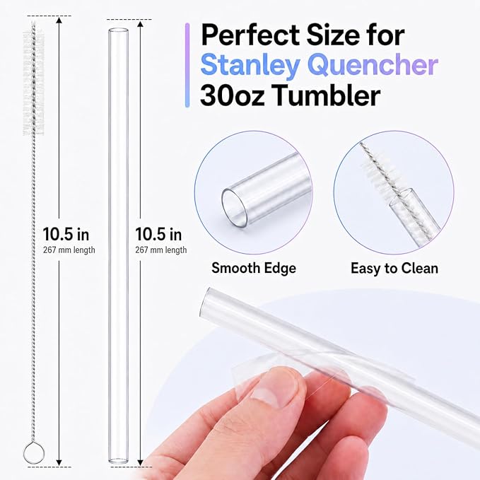 Joshey 10.5 Inch Tritan Replacement Straws for Stanley 30oz Tumbler - 6 Pack Reusable Long Straws with Cleaning Brush, Fits 30oz Stanley Cup Accessories, BPA-Free (Clear)
