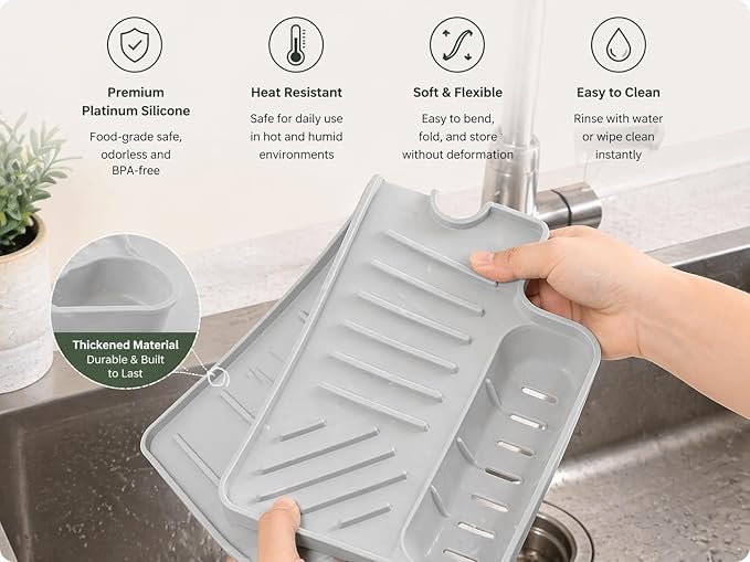 Silicone Kitchen Sink Splash Guard Faucet Mat with Deep Storage Trays,for Sponge Brush,Sloped Draining, Countertop Protector,For Tidy Homes,Renters,Bonus Sponge
