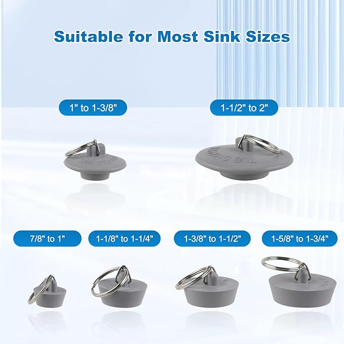 Hibbent 6 Pieces Drain Stopper, Rubber Kitchen Sink Drain Plug with Pull Ring for Bathtub, Kitchen, Bathroom and Laundry Sink in 6 Different Sizes, Grey
