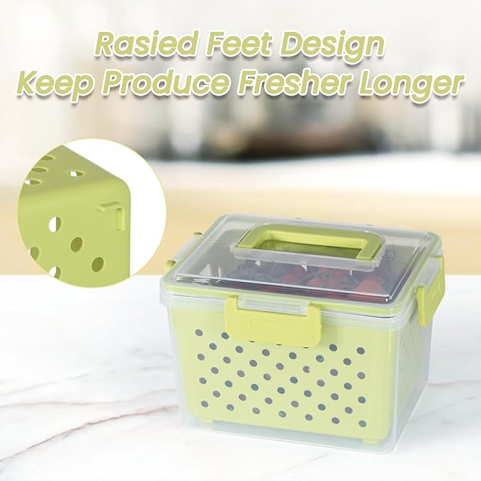 Set of 3 Fruit Storage Containers for Fridge with Removable Colander and Handle Lid, 4.6qt|2.5qt|1qt Dishwasher Microwave Safe, Keep Berry Fresh Longer (Light Green)