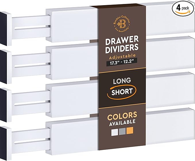 4-Pack Bamboo Drawer Dividers - 12.2 to 17.3 Inches Deep, 2.6 Inches High, Adjustable Expandable Drawer Organizer Dresser Separator for Clothes, Utensils, Kitchen, Bathroom, Office Storage, White