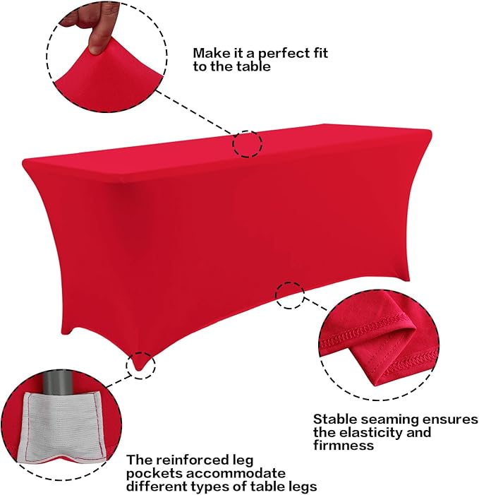 IVAPUPU 2 Pack 6FT Table Cloth for Rectangular Fitted Events Stretch Red Table Covers Washable Spandex Spring Tablecloth Protector for Party, Wedding, Cocktail, Banquet, Festival