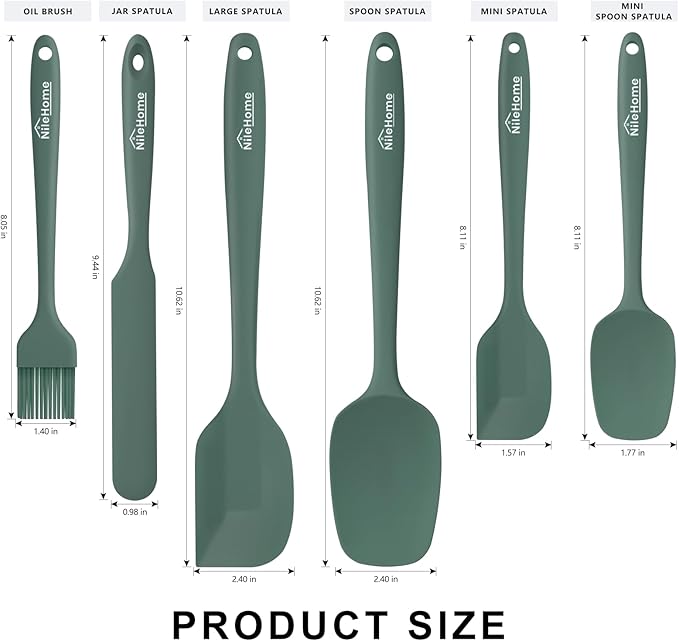NileHome Silicone Spatula Set, 6 Pieces Food Grade Kitchen Utensils with Silicone Brush Heat Resistant Dishwasher Safe BPA-Free Rubber Spatula for Scraping, Baking, Cooking, Mixing-Green