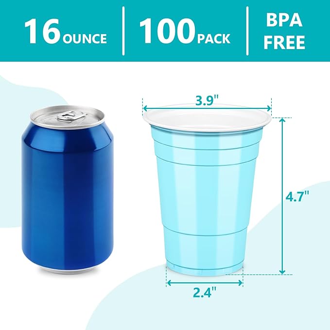 LANLISA 100 Light Blue Plastic Cups, 16 oz Disposable Cups, Drinking Cups For Party Supplies