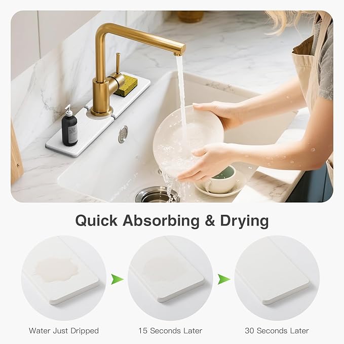 15.8" x 4" Stone Faucet Mat for Kitchen Sink, Quick Drying Diatomite Sink Tray, Faucet Sink Splash Guard for Prevents Moisture Buildup (White)