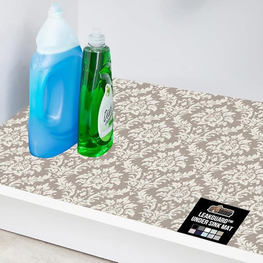 GORILLA GRIP LeakGuard Non-Adhesive Under Sink Mat for Kitchen Cabinet, 24x60, Waterproof Quick Dry Shelf Liner, Durable Absorbent Felt Mats for Bathroom Sinks, Cabinets, Dresser, Damask Taupe Cream