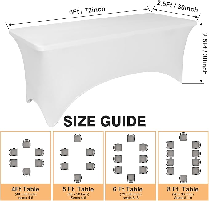 2 Pack 6 Feet White Spandex Tablecloth for Rectangular Tables, Fitted & Stretch, Washable, Wrinkle Resistant, Perfect for Event, Wedding, Party, Banquet, Cocktail, Festival, and Table Protector