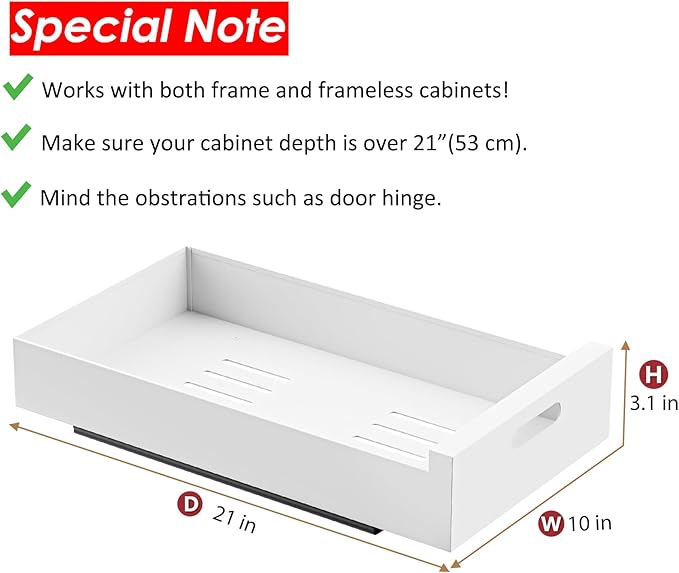 1 Pack | 21" Deep Pull Out Cabinet Organizer Adhesive, 10-Inch Wide Sturdy Carbon Steel Roll-Out Drawers for Face Frame or Frameless Cabinets,Slide-Out Shelves for Pantry.