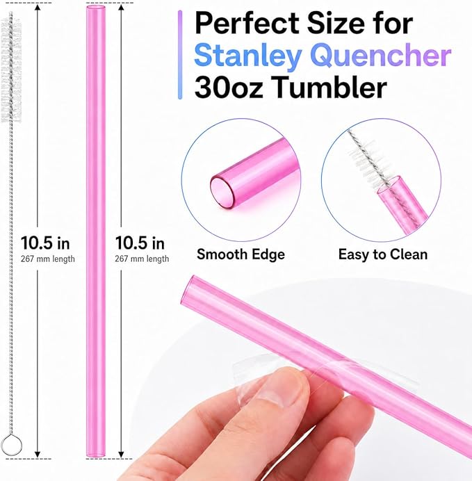 Joshey 10.5 Inch Tritan Replacement Straws for Stanley 30oz Tumbler - 6 Pack Reusable Long Straws with Cleaning Brush, Fits 30oz Stanley Cup Accessories, BPA-Free (Rose Red)