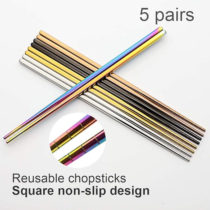 Stainless Steel Chopsticks Reusable Multicolor Lightweight 304 Metal Chopsticks Dishwasher Safe - 5 Pairs (Multi)