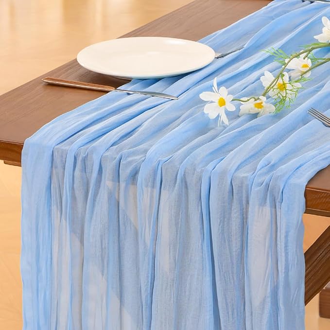 Socomi 3pcs Light Blue Cheesecloth Table Runner Summer Boho Rustic Gauze 120 inch 10FT Cheese Cloth Sheer Runner for Wedding Party Baby Shower Birthday Home Decor Holiday Decorations