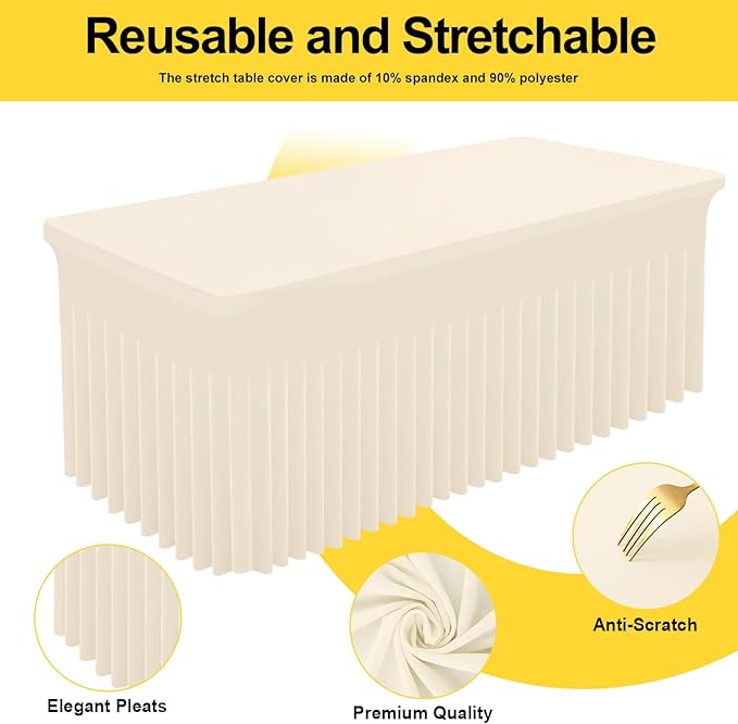 Smiry Spandex Tablecloth 2 Pack, Elastic Fitted Stretch Tablecloth for 6FT Rectangle Tables, Waterproof Washable Table Cover Skirt for Outdoor, Wedding, Banquet & Parties (Beige, 72Lx30Wx30H Inch)