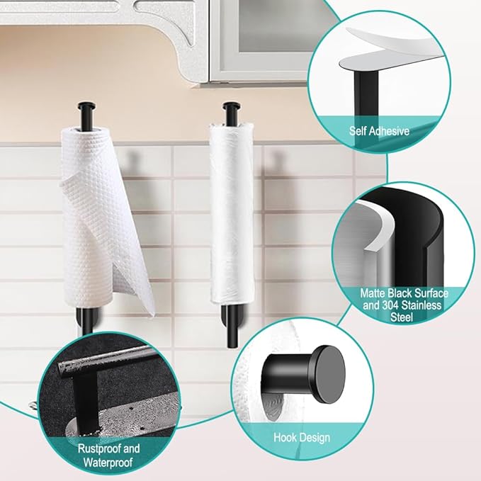 MGahyi Paper Towel Holder Wall Mount, Self Adhesive Or Drilling Paper Towel Holder Under Cabinet, 13.2 inch Stainless Steel Kitchen Paper Towel Roll Rack, Bathroom Towel Hanger(Black, 2*Rectangle)