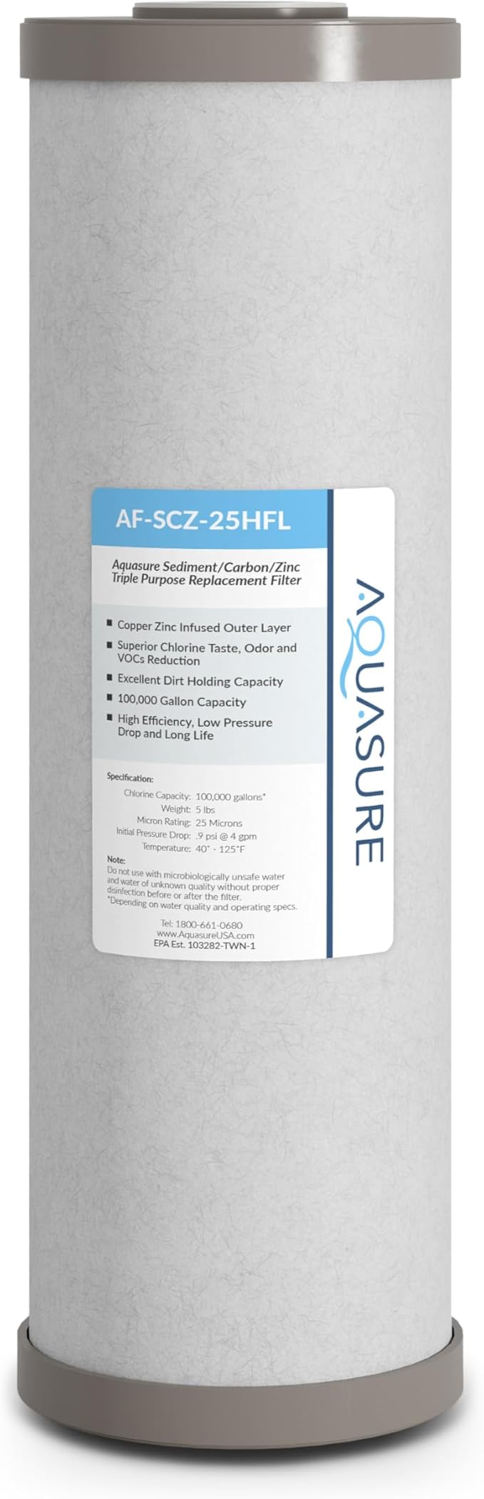 Aquasure Fortitude V2 Series | Sediment/Carbon/Zinc Bacteria Inhibiting Triple Purpose Replacement Filter - Large