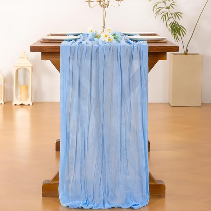 Socomi 2pcs Light Blue Cheesecloth Table Runner Summer Boho Rustic Gauze 120 inch 10FT Cheese Cloth Sheer Runner for Wedding Party Baby Shower Birthday Home Decor Holiday Decorations