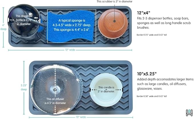 Silicone Sink Organizer Tray, Rectangular, Modern Style, Heat Safe, Dishwasher Safe, for Bathroom and Kitchen Organization (Smoky Blue, 12" x 4", 9.2 Ounces, Zigzag)