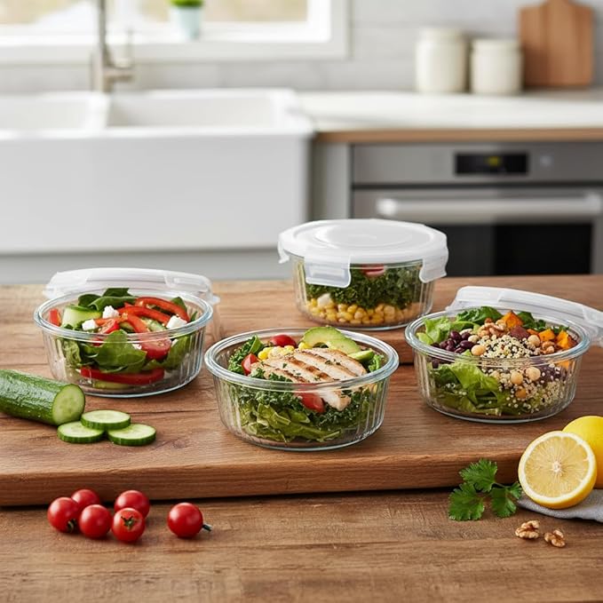 H.JSS WDJS 1.5 cup Round Glass Food Containers with Lids and Spoon, 12oz Small Glass Lunch Storage Containers, Small Round Meal Prep Bowls for Office, Outdoor. Microwave, Freezer, Dishwashe safe