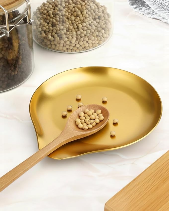 Stainless Steel Spoon Rest, Spatula Ladle Holder, Stainless Steel Utensil Spoon Rest Holder, Brushed Finish, Dishwasher Safe 5.9 x 5.1 Inch (Round Gold 1PC)