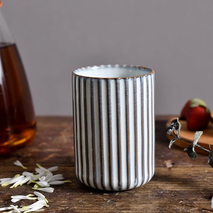 TOPYOKK Stoneware Coffee Bar Utensil Holder Tea & Coffee Spoon & Stirrer Holder for Stir Stick Straw Teaspoon Holder Spoon Cup Small Utensil Jar Fluted Vertical Stripe (Retro White)