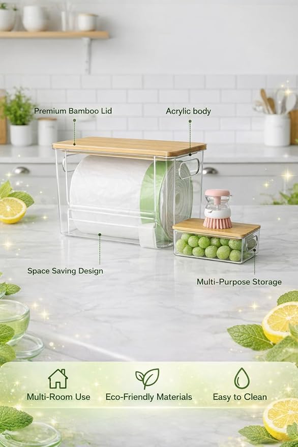 2 Pack Trash Bag Holder Dispenser for Kitchen & Built-In Brush with Liquid Compartment, Laundry Room Trash Bag Holder, Pantry, Cabinet, Under Sink Storage Organizer