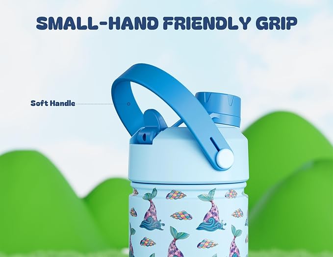 POWCAN 18 oz Kids Insulated Mermaid Water Bottle for School: 2-in-1 Straw Spout Lid, Leakproof, BPA-Free, Keep Cold 24H, Reusable Stainless Steel Cup, Birthday Gift for Girls Daughters (Splash Tails)