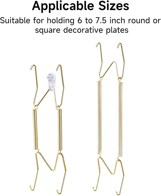 10-Piece Brass Plate Wall Hangers, 6 Inch Invisible Decorative Plate Holders, Comes with 12-Piece Wall Hooks