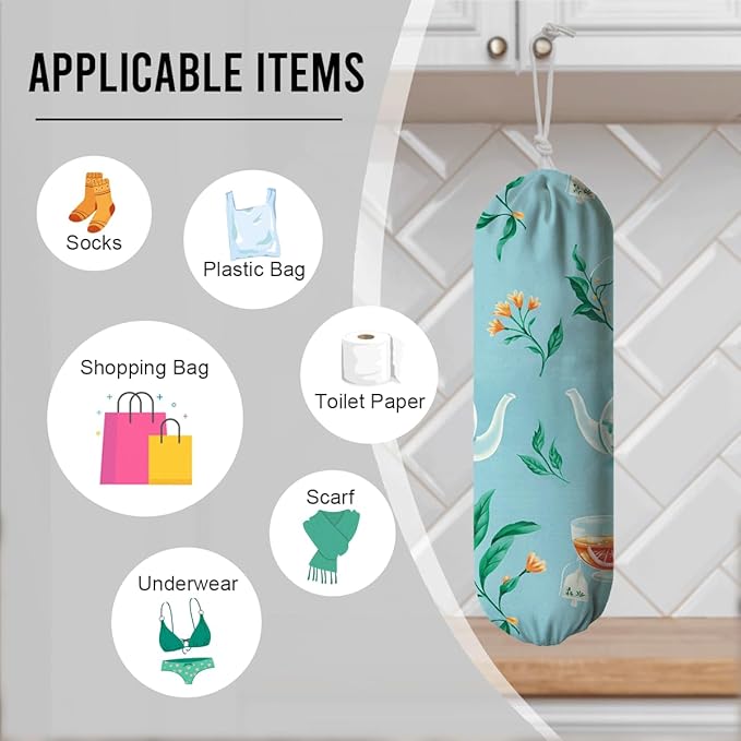 Teapot Plastic Bag Holder, Reusable Shopping Bags Storage Dispenser, Fabric Garbage Trash Bags Carrier Organizer, Fabric Grocery Bag Organizer, Wall Mount, Housewarming Gifts for Tea Lover