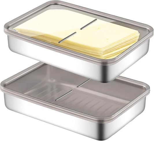2 Pcs Cheese Container | Deli Meat Storage for Refrigerator, Stainless Steel Luncheon Meat Storage with Lid Containers for Fridge, Food Container for Kitchen