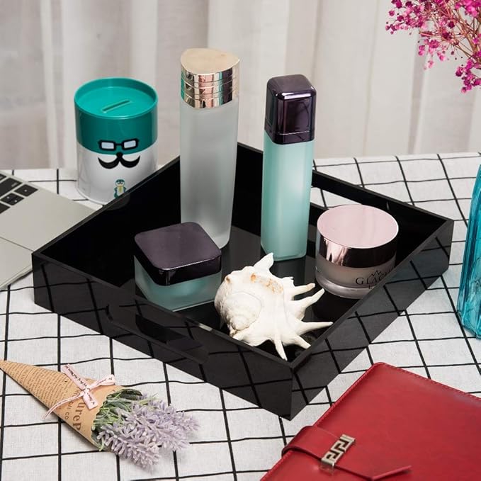 KEVLANG Glossy Black Sturdy Acrylic Serving Tray with Handles-10x10Inch-Serving Coffee,Food,Breakfast,Butler-Kitchen Countertop Tray-Makeup Drawer Organizer-Vanity Table,Ottoman Tray-Decorative Tray