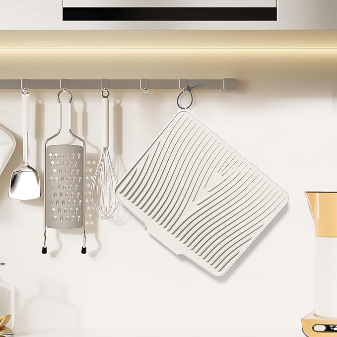 Silicone Dish Drying Mat for Kitchen Counter, Non-Slip Drain Pad, Dish Drying Pad, Easy to Clean Dish Rack Pad, Multi-Use as Heat Resistant Trivet, 15.8" x 13" , Cream