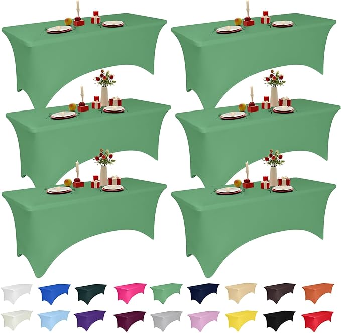 6 Pack 6 Feet Emerald Green Spandex Tablecloth for Tables, Fitted & Stretch, Washable, Wrinkle Resistant, Perfect for Event, Wedding, Party, Banquet, Cocktail, Festival, and Table Protector