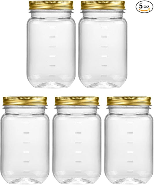 novelinks 16 oz Clear Plastic Jars with Lids, Refillable 16oz Mason Jars with Lids & Storage Containers for Kitchen & Household Use (5 Pack,Gold)