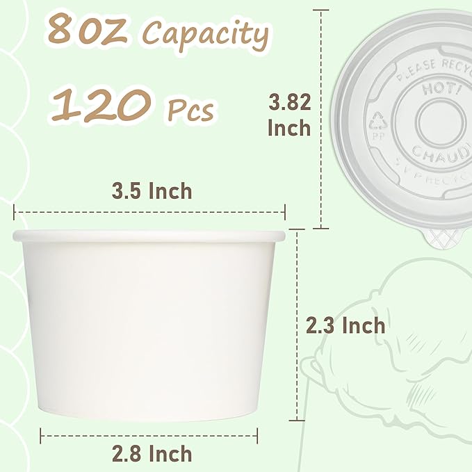 ESSENTIAL Paper Ice Cream Cups with Lids, 120pcs 8oz Disposable Dessert Bowls with Lids for Hot or Cold Food, Paper Snack Containers for Sundae, Frozen Yogurt, Soup (White)